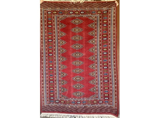57 X 77 Inch Red And Blue Tone Persian Pakistan Hand Knotted Rug With Cotton Fringe