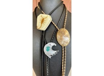(3) Vintage Bolo Ties - Resin Encased Scorpion, Signed Eagle, And Cabochon