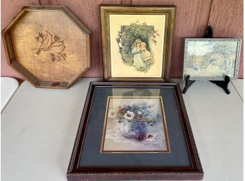 (3) Vintage Prints With A Wood Etched Bird Tray - Leni Liu 133/2950 Signed, Antique Litho Framed And More