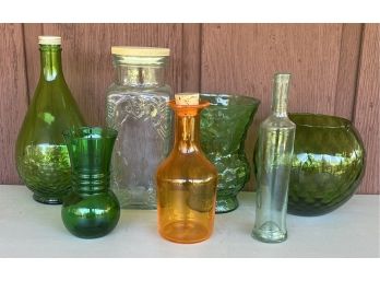 (7) Glass Clear, Green, And Orange - Bottles, Vases, And Bowl