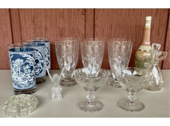 Mid-century Modern Glassware Collection - Footed Etched Drinking Glasses, Courier And Ives High Balls, & More