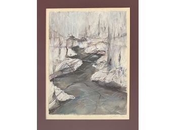 Original Signed 1981 Stephen Simons Winter River Scene Watercolor And Pastels
