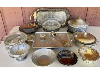 Large Collection Of Hand Forged Aluminum Ware, Glass Casseroles, Dish Holder Serving Trays, And More