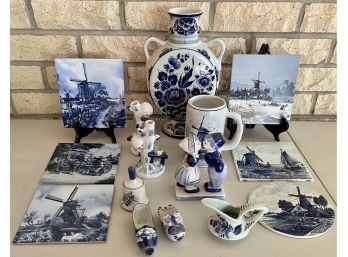 Collection Of Vintage Delft Blue Holland Handware Double Handled Vase, Figurines, Shoes, Pitcher, And Tiles