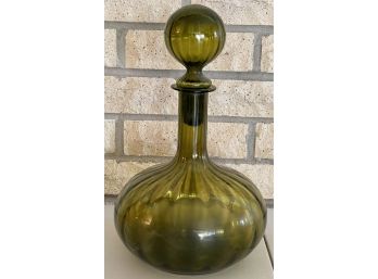 Vintage Green Optic Ribbed Hand Blown Ball Stopper Decanter Jeannie Bottle Style