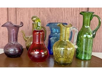 Vintage Art Glass Lot Including Crackle Pitchers And Vases - Art Glass Apple - Blue Pitcher & Green Tea Pot