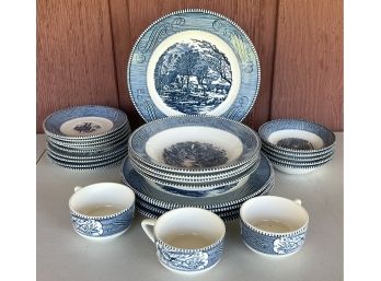 Partial Set Of Currier & Ives Early Winter And Old Grist Mill Plates, Bowls, Cups, And More