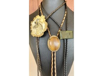 (3) Stone, Resin, And Wood Braided Leather Bolo Ties