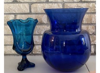 (2) Vintage Art Glass MCM Handkerchief Footed Vase And Large Cobalt Fluted Vase