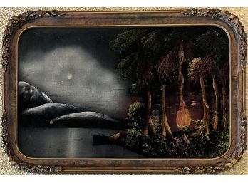Vintage Original Oil On Felt Campfire Scene In Custom Frame
