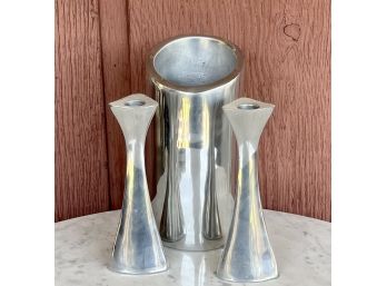 Nambe Silver Wine Holder And (2) Matching Candle Holders With Original Paperwork