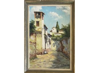 Original Oil On Canvas Signed Villa Scene In Frame