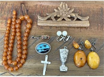 For Repair Antique Butterscotch Amber Bead Necklace, 875 Silver Earrings And Carved Wood Piece, MOP Cross