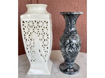 (2) Vintage Vases - C. Fellowship Co. Carved Marble And A Ceramic Pottery Asian Motif