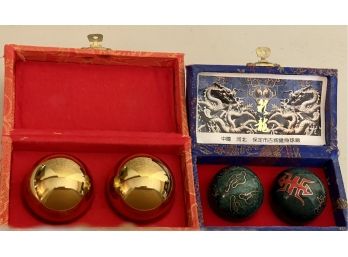 (2) Sets Of Vintage Stress Health Balls - Lotus Pond And Cloisonne Music Ball In Original Boxes