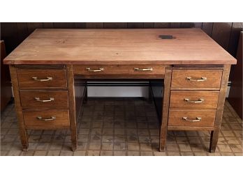 Antique Solid Wood Mission Style Office Desk With Pull Out Side And Brass Pulls (as Is)