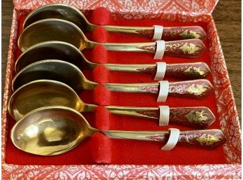 (6) Vintage Thailand Red Enamel Gold Wash Spoons In Original Box