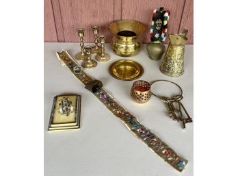 Vintage Brass Lot - Antique Bell, Embroidered Tapestry With Bells, Spittoon. Keys, Candle Holders, And More