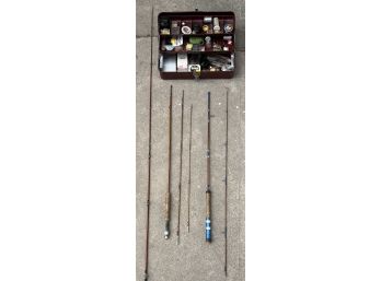 Vintage Fishing Lot - (3) Assorted Size Rods And Metal Liberty Tackle Box With Contents (as Is)