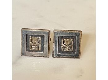 VIntage 18K Gold And 925 Sterling Silver Mayan Warrior Motif Cuff Links Total Weight 12.9 Grams