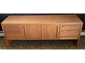 Mid Century Modern Made In Denmark Teak Color Wood And Veneer  Slide Front 5-drawer Credenza With Key