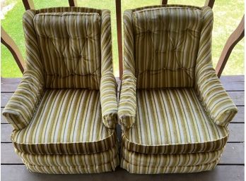 Pair Of Vintage Drexel Striped Arm Chairs With Arm Covers (as Is)