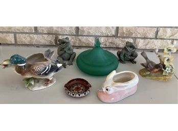 Collection Of Mid Century Modern Pottery, Glass, And Resin Figurines - Candy Dish, Platers, And Ash Tray