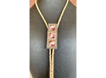 Sterling Silver Art Glass With Tan Leather Braided Cord Bolo Tie
