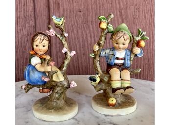 (2) Hummel Girl And Boy Sitting In Apple Tree V Mark Goebel Germany Figurines