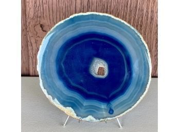 Vintage Blue Agate Slab With Crystal Middle And Stand