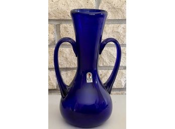 Stunning Extremely Rare Pilgrim Glass 9 3/4 Inch Cobalt Blue Ribbed Handled Vase