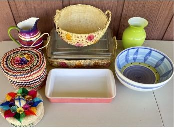 Collection Of Colorful Mexico Woven Baskets With Lids, Casserole With Handles, Pink Pyrex Baking Dish, & More