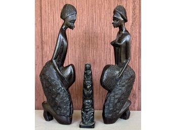 (2) Ebony Wood Tribal Carvings Male And Female Figurines, And (1) Soap Stone Carved Totem Pole