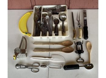 Lot Of Assorted Kitchen Ware - Set Of Northland Korea Stainless Silverware, Carving Tools, Wood Spoons, & More