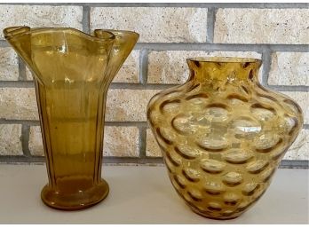(2) Vintage Amber Glass Vases (1) MCM Bubble Glass And (1) Ruffled Top