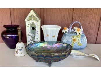 Vintage Collection Of Glassware Including Carnival Glass Footed Bowl, Milk Glass Painted Vase, Bell, And More