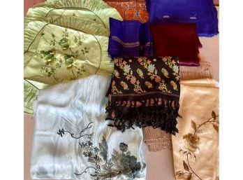 Collection Of Vintage Pillow Case Coverings - Silk And Satin Embroidered, Silk Material, Scarves, And More