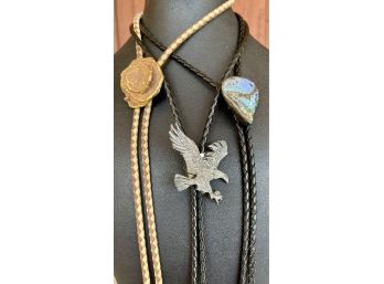 (3) Vintage Bolo Ties - Metal Eagle, Flower, And Resin