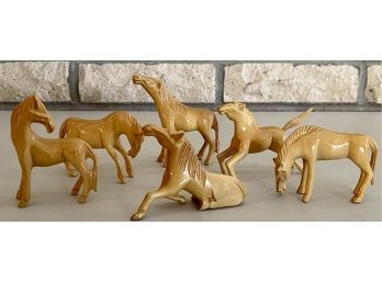 (6) Vintage Hand Carved Wood Miniature Horse Figurines