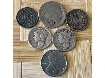 Collection Of Coins - Mercury Dimes - 1924 - 1945 - Buffalo Nickel - Kansas Sales Tax Token - War Penny & More