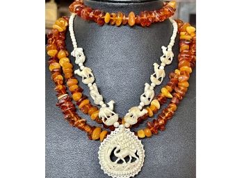 Vintage Necklace And Bracelet - A Bone Carved Camel Necklace - Several Amber Bead Necklaces & Bracelet