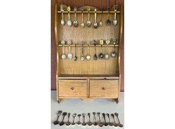 Vintage Wall Hanging Wooden Spoon Rack With (31) Assorted Stainless And Silver Plate Souvenir Spoons