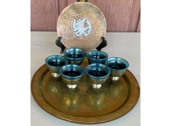 Vintage Thailand Brass And Copper Sauce Cup Set With Art Glass Inserts, Mayan Copper Tray, Brass Tray