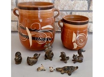 (2) Mexico Folk Art Handled Vintage Bean Pots (as Is) And Small Japan Pottery Animal Figurines