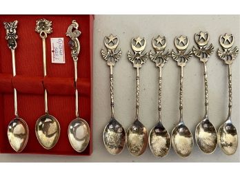 Vintage Box Set Of 3 Spoons With Stones In Handle - 6 Crescent Moon And Star Silver Plate Spoons