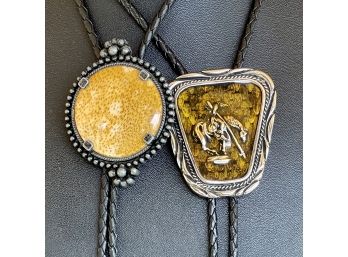 S.S.I. Diamond Back Rattler Bolo Tie With Stone Cabochon With Braided Leather Ropes