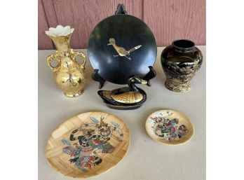 Vintage Collection Of Japan Vase, Couroc California Plate, Thailand Wood Plates, And 22k Gold Trim Vase