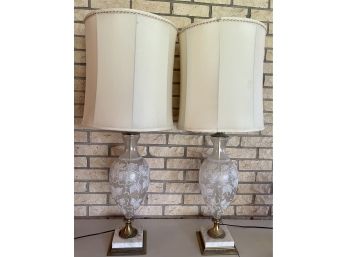 (2) Mid Century Modern Glass Grape Leaf Marble Base Lamps (work)
