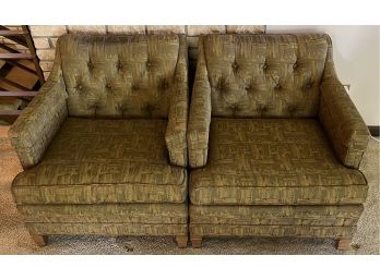 (2) Distinguished Upholstery By Heritage Mid Century Modern Green Tufted Arm Chairs With Wood Legs