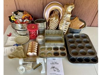 Large Collection Of Vintage Baking Pans, Muffin Tins, Eko And Ovenex Loaf Pans, Cookie Presscutters, And More